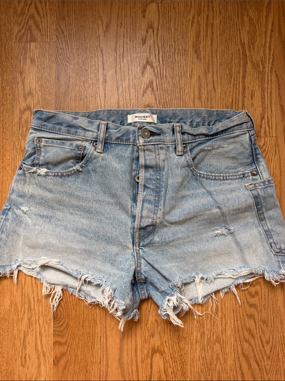Moussy Faded Light Blue Distressed Denim Shorts